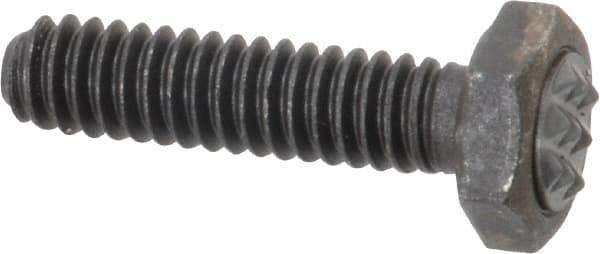 Fairlane - Serrated Tooth, 1/4-20, 1" Shank Length, 7/8" Thread Length, Black Oxide Finish, Hex Head, Adjustable Positioning Gripper - 5/16" Pad Diam, 7/16" Hex, 13/64" Head Height, Extra Fine Tooth Grade - Exact Tool & Supply