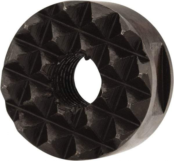 Fairlane - 1/4-28 Thread, 5/8" Diam, 3/8" High, Threaded, Fine Tooth Grade Diamond Serration Tooth Pattern, High Speed Steel, Round Positioning Gripper - 3/16" Flat Width, Black Oxide Coated - Exact Tool & Supply