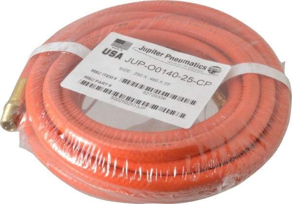 PRO-SOURCE - 1/4" ID x 15/32" OD 25' Long Multipurpose Air Hose - MNPT x MNPT Ends, 300 Working psi, 23 to 150°F, 1/4" Fitting, Orange - Exact Tool & Supply