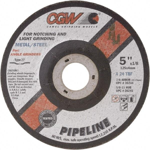 Camel Grinding Wheels - 24 Grit, 4-1/2" Wheel Diam, 1/8" Wheel Thickness, Type 27 Depressed Center Wheel - Coarse Grade, Aluminum Oxide, Resinoid Bond, 13,300 Max RPM - Exact Tool & Supply