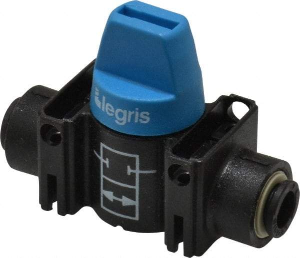Legris - 6mm Pipe, Standard Port, Composite Miniature Ball Valve - 1 Piece, Inline - Two Way Flow, Push-to-Connect x Push-to-Connect Ends, Short Handle, 150 WOG - Exact Tool & Supply
