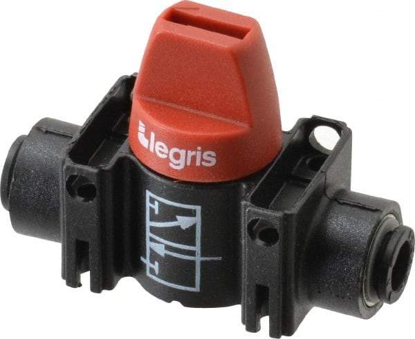 Legris - 6mm Pipe, Standard Port, Composite Miniature Ball Valve - 1 Piece, Inline - Two Way Flow, Push-to-Connect x Push-to-Connect Ends, Short Handle, 150 WOG - Exact Tool & Supply
