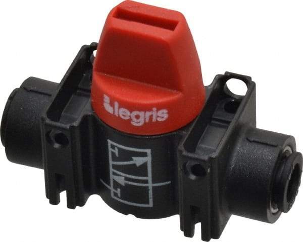 Legris - 1/4" Pipe, Standard Port, Composite Miniature Ball Valve - 1 Piece, Inline - Two Way Flow, Push-to-Connect x Push-to-Connect Ends, Short Handle, 150 WOG - Exact Tool & Supply