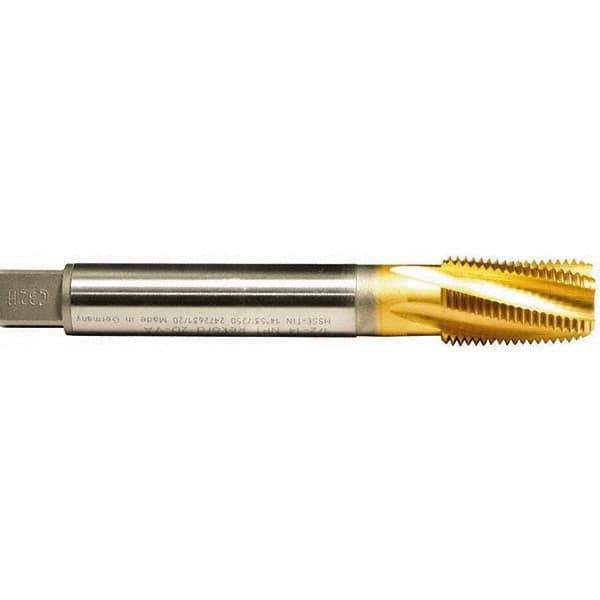 Emuge - 1/2-14 NPTF, 15° Helix, 5 Flutes, TiN Finish, Cobalt, Spiral Flute Pipe Tap - Right Hand Flute, 1.38" Thread Length, 0.515" Square Size, Series KEG - Exact Tool & Supply
