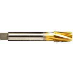 Emuge - 1/2-14 NPTF, 15° Helix, 5 Flutes, TiN Finish, Cobalt, Spiral Flute Pipe Tap - Right Hand Flute, 1.38" Thread Length, 0.515" Square Size, Series KEG - Exact Tool & Supply
