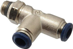 Alpha Technologies - 1/4" Outside Diam, 1/8 Universal Thread, Nickel Plated Brass Push-to-Connect Male Swivel Run Tee - 250 Max psi, Tube to Universal Thread Connection, Buna O-Ring - Exact Tool & Supply