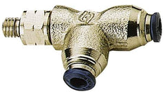 Alpha Technologies - 1/8" Outside Diam, 10-32 UNF, Nickel Plated Brass Push-to-Connect Male Swivel Run Tee - 250 Max psi, Tube to Male UNF Connection, Buna O-Ring - Exact Tool & Supply