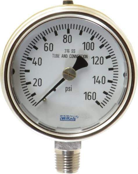 Wika - 2-1/2" Dial, 1/4 Thread, 0-160 Scale Range, Pressure Gauge - Lower Connection Mount, Accurate to 2-1-2% of Scale - Exact Tool & Supply