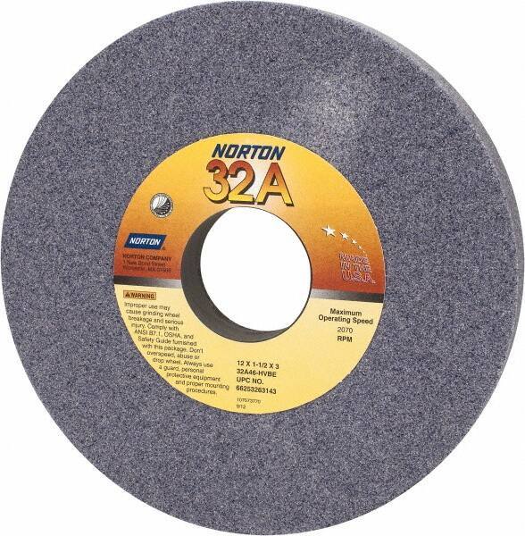 Norton - 12" Diam x 3" Hole x 1-1/2" Thick, H Hardness, 46 Grit Surface Grinding Wheel - Aluminum Oxide, Type 1, Coarse Grade, 2,070 Max RPM, Vitrified Bond, No Recess - Exact Tool & Supply
