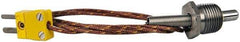 Thermo Electric - 0 to 900°F, K Pipe Plug, Thermocouple Probe - 5 Ft. Cable Length, Mini Connector, 1/2 Inch Probe Sheath Length, 6 Sec Response Time - Exact Tool & Supply