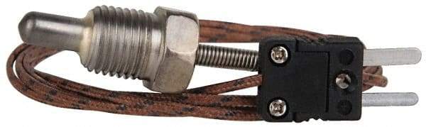 Thermo Electric - 0 to 900°F, J Pipe Plug, Thermocouple Probe - 5 Ft. Cable Length, Mini Connector, 1/2 Inch Probe Sheath Length, 6 Sec Response Time - Exact Tool & Supply