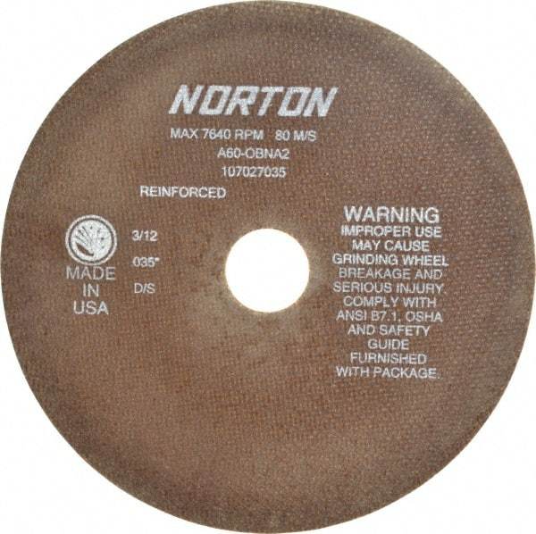 Norton - 8" 60 Grit Aluminum Oxide Cutoff Wheel - 0.035" Thick, 1-1/4" Arbor, 7,640 Max RPM, Use with Stationary Grinders - Exact Tool & Supply
