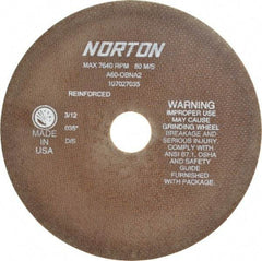 Norton - 8" 60 Grit Aluminum Oxide Cutoff Wheel - 0.035" Thick, 1-1/4" Arbor, 7,640 Max RPM, Use with Stationary Grinders - Exact Tool & Supply