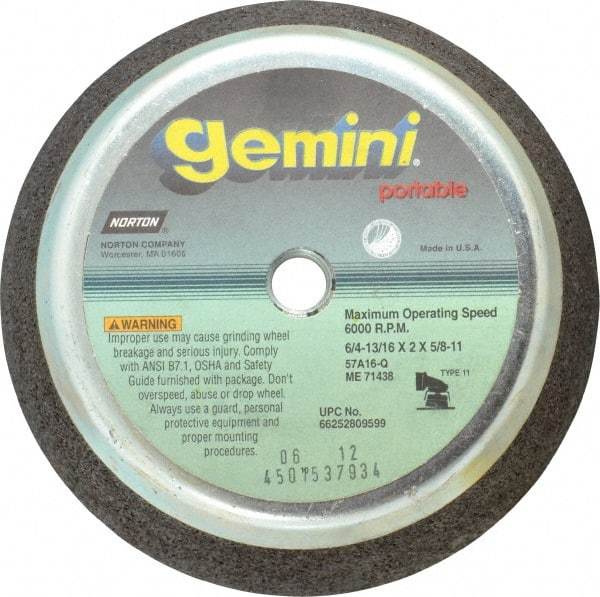 Norton - 6" Diam, 2" Overall Thickness, 16 Grit, Type 11 Tool & Cutter Grinding Wheel - Very Coarse Grade, Aluminum Oxide, Q Hardness, 6,000 RPM - Exact Tool & Supply