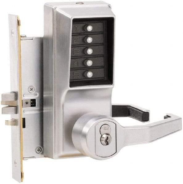 Kaba Access - Combination Entry Lever Lockset with Key Override - 2-3/4" Back Set, No Cylinder, Zamak3, Satin Chrome Finish - Exact Tool & Supply