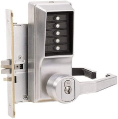 Kaba Access - Combination Entry Lever Lockset with Key Override - 2-3/4" Back Set, No Cylinder, Zamak3, Satin Chrome Finish - Exact Tool & Supply