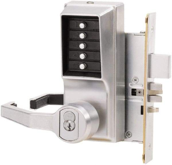 Kaba Access - Combination Entry Lever Lockset with Key Override - 2-3/4" Back Set, No Cylinder, Zamak3, Satin Chrome Finish - Exact Tool & Supply