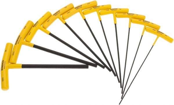 Bondhus - 10 Piece T-Handle Cushion Grip Hex Key Set - Hex Range 3/32 to 3/8", 9" OAL, Protanium High Torque Steel - Exact Tool & Supply