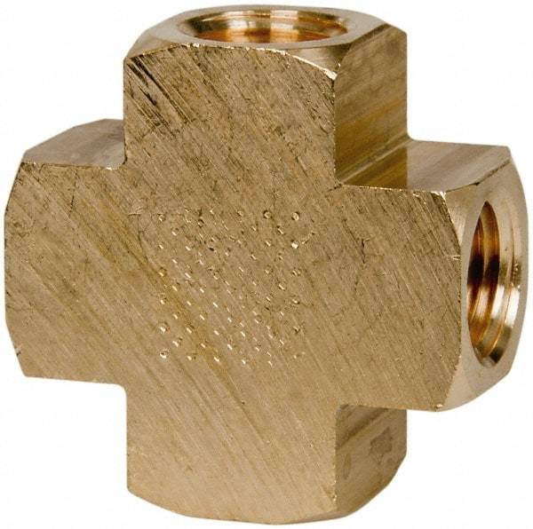 Parker - 1/4 Female Thread, Brass Industrial Pipe Female Cross - FNPTF, 1,000 psi - Exact Tool & Supply