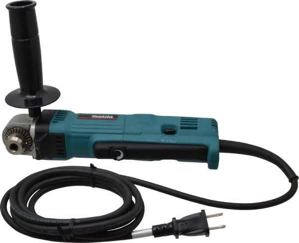 Makita - 3/8" Keyed Chuck, 2,400 RPM, Angled Handle Electric Drill - 4 Amps, 115 Volts, Reversible, Includes Chuck Key, Drill Chuck, Key Holder, Side Handle - Exact Tool & Supply