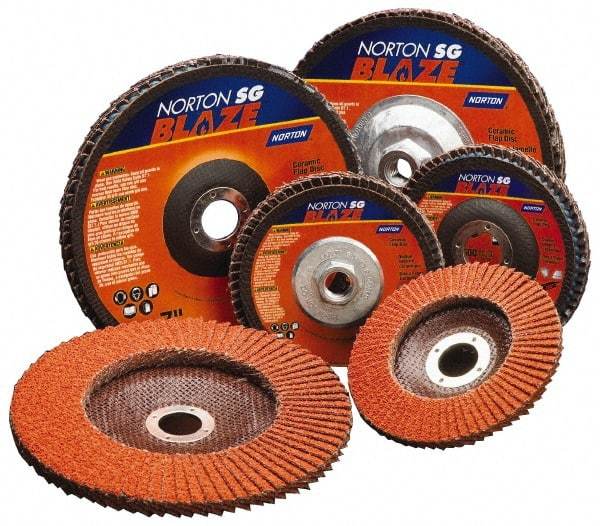 Norton - 120 Grit, 5" Disc Diam, 7/8" Center Hole, Type 27 Ceramic Flap Disc - Fiberglass Backing, Arbor Attaching System, Coated - Exact Tool & Supply