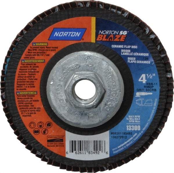 Norton - 60 Grit, 4-1/2" Disc Diam, 5/8-11 Center Hole, Type 29 Ceramic Flap Disc - 13,000 Max RPM, Fiberglass Backing, Arbor Attaching System, Coated - Exact Tool & Supply