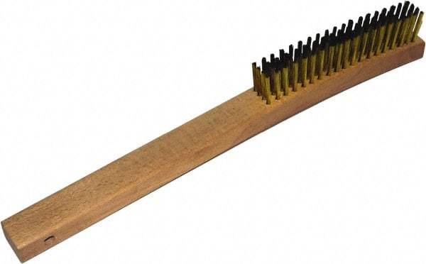Gordon Brush - 4 Rows x 19 Columns Brass Plater Brush - 5-3/8" Brush Length, 13-3/4" OAL, 1-1/8 Trim Length, Wood Curved Handle - Exact Tool & Supply