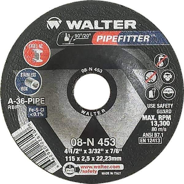 WALTER Surface Technologies - 36 Grit, 4-1/2" Wheel Diam, 3/32" Wheel Thickness, 7/8" Arbor Hole, Type 27 Depressed Center Wheel - Aluminum Oxide/Silicon Carbide Blend, Resinoid Bond, 13,300 Max RPM - Exact Tool & Supply