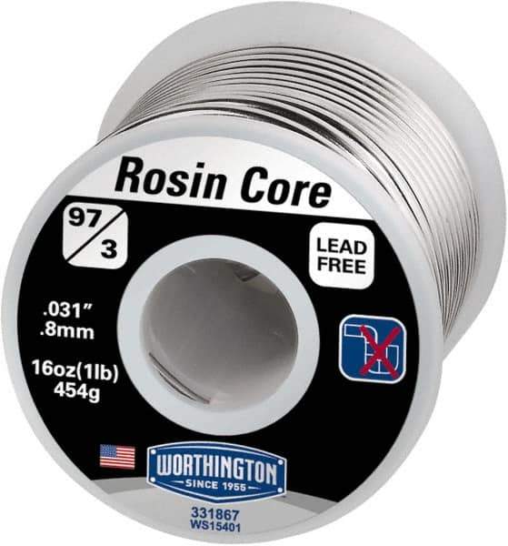 Worthington - 0.0310 Inch Diameter, 97 Percent Tin and Copper and 3 Percent Rosin Core, Rosin Core Solder - 1 Lb. - Exact Tool & Supply