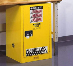 Justrite - 1 Door, 1 Shelf, Yellow Steel Space Saver Safety Cabinet for Flammable and Combustible Liquids - 35" High x 23-1/4" Wide x 18" Deep, Self Closing Door, 12 Gal Capacity - Exact Tool & Supply