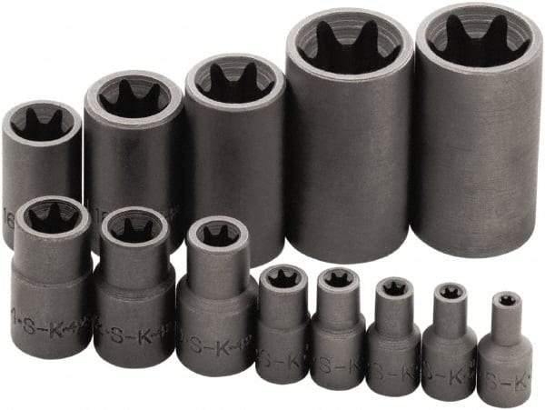 SK - 13 Piece 1/4, 3/8 & 1/2" Drive Standard Socket Set - 6 Points, E4 to E24 Torx, Torx Measurement Standard - Exact Tool & Supply