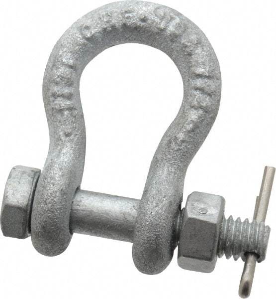 Made in USA - 1/4" Nominal Chain Size, 0.5 Ton Carbon Steel Bolt Anchor Shackle - 1/4" Diam, 5/16" Pin Diam, 1-1/8" High Inside Jaw, 3/4" Inside Width, 5/16" Max Body Thickness - Exact Tool & Supply