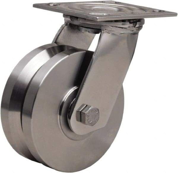 Hamilton - 5" Diam x 2" Wide, Stainless Steel Swivel Caster - 800 Lb Capacity, Top Plate Mount, 3-3/4" x 4-1/2" Plate, Delrin Bearing - Exact Tool & Supply