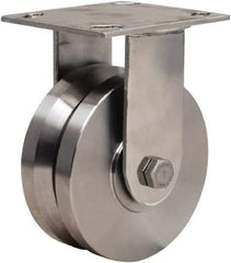 Hamilton - 5" Diam x 2" Wide, Stainless Steel Rigid Caster - 800 Lb Capacity, Top Plate Mount, 3-3/4" x 4-1/2" Plate, Delrin Bearing - Exact Tool & Supply