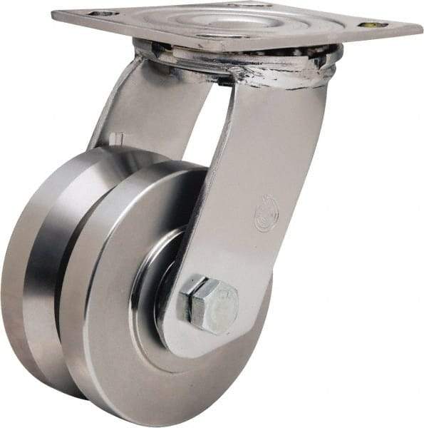 Hamilton - 4" Diam x 2" Wide, Stainless Steel Swivel Caster - 850 Lb Capacity, Top Plate Mount, 3-3/4" x 4-1/2" Plate, Stainless Steel Precision Ball Bearing - Exact Tool & Supply