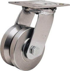 Hamilton - 4" Diam x 2" Wide, Stainless Steel Swivel Caster - 850 Lb Capacity, Top Plate Mount, 3-3/4" x 4-1/2" Plate, Delrin Bearing - Exact Tool & Supply