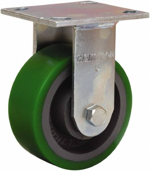 Hamilton - 5" Diam x 2" Wide x 6-1/2" OAH Top Plate Mount Rigid Caster - Polyurethane Mold onto Cast Iron Center, 900 Lb Capacity, Sealed Precision Ball Bearing, 4 x 4-1/2" Plate - Exact Tool & Supply