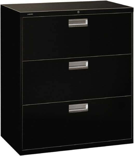 Hon - 36" Wide x 40-7/8" High x 19-1/4" Deep, 3 Drawer Lateral File with Lock - Steel, Black - Exact Tool & Supply