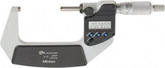 Mitutoyo - 2 to 3 Inch Range, 0.0001 Inch Resolution, Standard Throat, IP65 Electronic Outside Micrometer - 0.0001 Inch Accuracy, Ratchet Stop Thimble, Carbide Face, SR44 Battery, Includes Plastic Case - Exact Tool & Supply