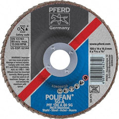 PFERD - 80 Grit, 4" Disc Diam, 5/8" Center Hole, Type 27 Aluminum Oxide Flap Disc - 15,300 Max RPM, Fiberglass Backing, Arbor Attaching System, Coated - Exact Tool & Supply
