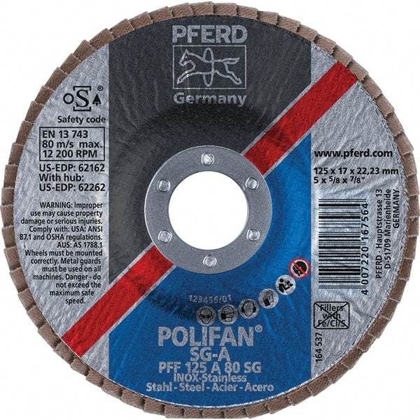 PFERD - 80 Grit, 5" Disc Diam, 7/8" Center Hole, Type 27 Aluminum Oxide Flap Disc - 12,200 Max RPM, Fiberglass Backing, Arbor Attaching System, Coated - Exact Tool & Supply