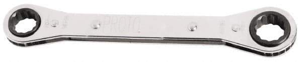 Proto - 9mm x 10mm 6 Point Reversible Ratcheting Offset Box Wrench - Double End, 25/32" Head Diam x 3/8" Head Thickness, 5-3/16" OAL, Steel, Chrome Finish, 25° Offset - Exact Tool & Supply