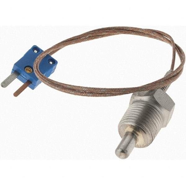 Thermo Electric - 0 to 700°F, T Pipe Plug, Thermocouple Probe - 5 Ft. Cable Length, Mini Connector, 1/2 Inch Probe Sheath Length, 6 Sec Response Time - Exact Tool & Supply