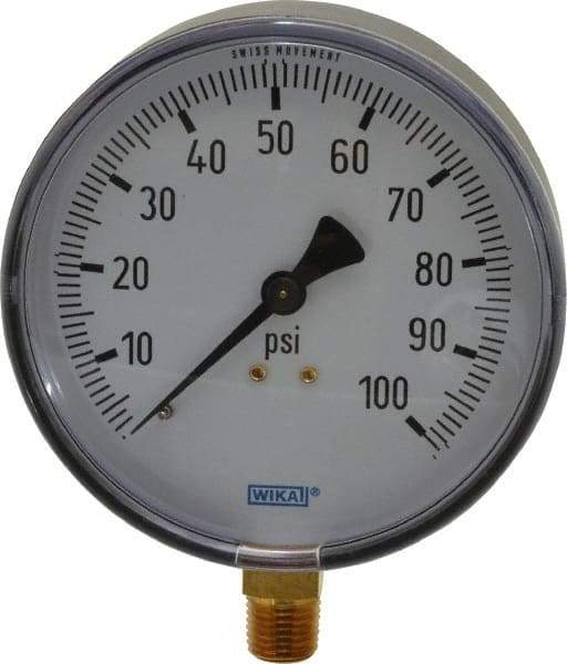 Wika - 4" Dial, 1/4 Thread, 0-100 Scale Range, Pressure Gauge - Lower Connection Mount, Accurate to 3-2-3% of Scale - Exact Tool & Supply