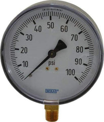 Wika - 4" Dial, 1/4 Thread, 0-100 Scale Range, Pressure Gauge - Lower Connection Mount, Accurate to 3-2-3% of Scale - Exact Tool & Supply