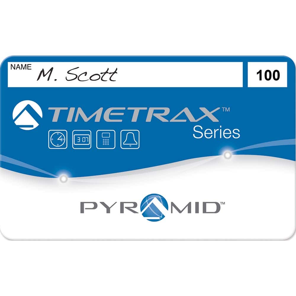 Pyramid - Time Cards & Time Clock Accessories; Type: Swipe Cards ; For Use With: Pyramid TimeTrax TTEZ, TTEZEK, PSDLAUBKK, TTPRO, TTMOBILE, FASTTIME 8000 & 9001 ; Height (Inch): 2-1/8 ; Width (Inch): 3-5/8 ; Depth (Inch): 1-1/2 ; Color: Blue; ,Gray; White - Exact Tool & Supply