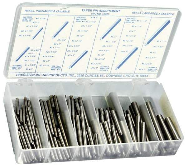 Precision Brand - 100 Piece, #0 to #6" Pin Diam, Taper Pin Assortment - 3/4 to 3" Long, 1215 & 12L14 Steel - Exact Tool & Supply