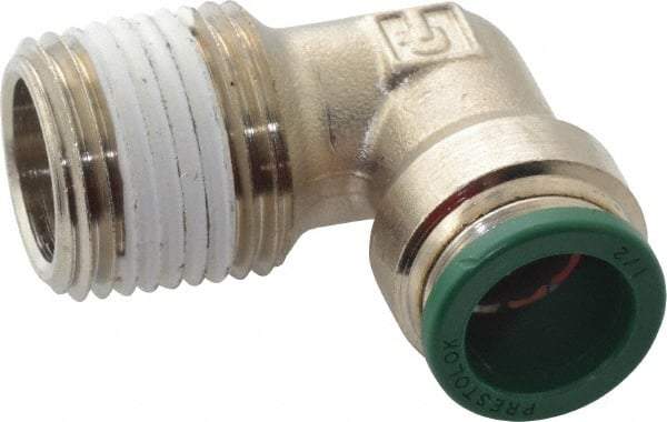 Parker - 1/2" Outside Diam, 1/2 NPTF, Nickel Plated Brass Push-to-Connect Tube Male Elbow - 300 Max psi, Tube to Male NPT Connection, Buna-N O-Ring - Exact Tool & Supply