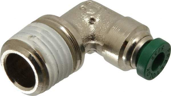 Parker - 5/32" Outside Diam, 1/4 NPTF, Nickel Plated Brass Push-to-Connect Tube Male Elbow - 300 Max psi, Tube to Male NPT Connection, Buna-N O-Ring - Exact Tool & Supply