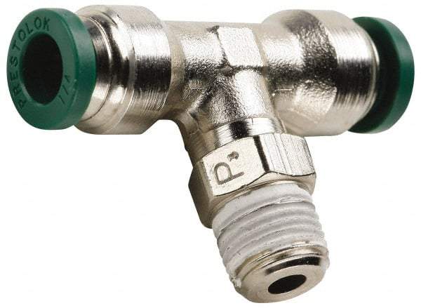 Parker - 1/4" Outside Diam, 1/8 NPTF, Nickel Plated Brass Push-to-Connect Tube Male Swivel Branch Tee - 300 Max psi, Tube to Male NPT Connection, Buna-N O-Ring - Exact Tool & Supply